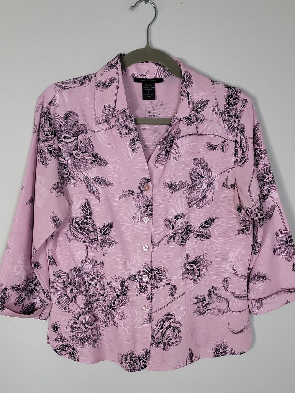 Vintage Anne Carson Silk Floral Button Up Shirt Size Small Pink Romantic Feminin